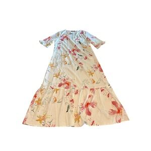 Noracora Women's Maxi Dress Floral Print Short Sleeve‎ Tiered White XL